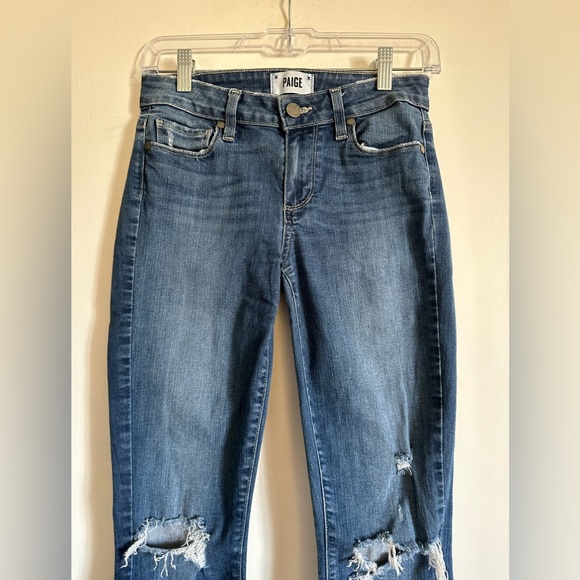 PAIGE Blue Distressed Denim Verdugo Ankle Zoey Destructed Stretchy Skinny Jeans - Picture 3 of 9